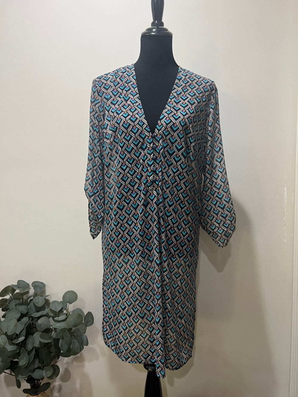 Profile By Gottex Geometric Button-Front Swim Coverup in Blue, Black, White